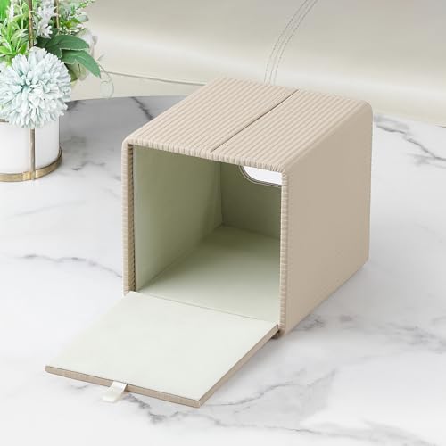 PU Leather Square Tissue Box Cover Tissue Box Holder Cube (Beige) | Magnetic Bottom, Soft Velvet Lining, Decorative Modern Design, Aesthetic Stripes, For Bathroom