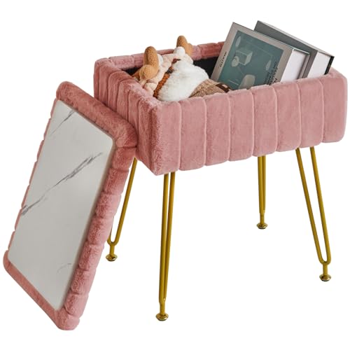 IBUYKE Vanity Stool Chair with Storage, Faux Fur Ottoman, Pink LG-50P | Footrest Footstool Small Side Table 4 Metal Legs Anti-Slip Feet Makeup Room Bedroom