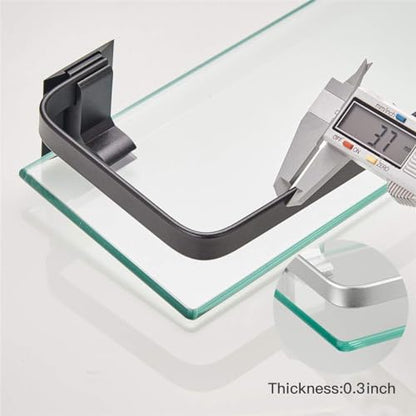 Bathroom Wall Shelf 15.7in Bathroom Glass Shelves Wall Mount Glass Shelf Rustproof Bathroom Wall Organizer 3 Tier (Black)