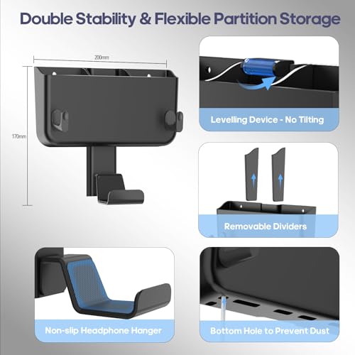 Adhesive Remote Control Holder Wall Mount with Headset Hanger, 3 in 1 Organizer TV/Fan Remote Caddy with Hook for Headphone, No Drill Controller Storage Bracket, Bed Wall Rack
