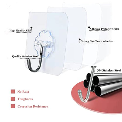 DDMY Adhesive Wall Hooks Heavy Duty 50LB Clear Hook 24 Pack for Hanging | Upgrade Sticky Hooks Hanging 50lb(Max) Transparent Reusable Waterproof No Drill for Kitchen Towel Bathroom Coat No Damage