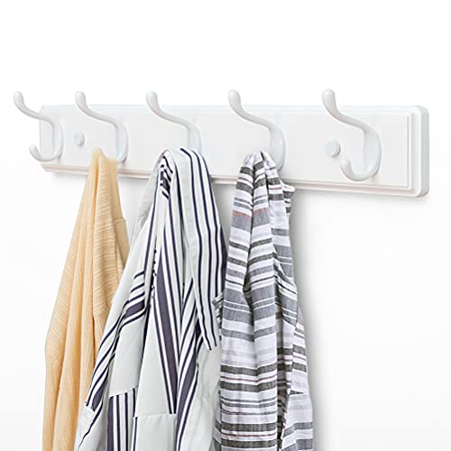 Wooden Coat Rack, Wall-Mounted Organizer for Closet, Entryway, Hallway, Foyer, Bedroom, Heavy Duty Double Hooks for Hanging Towels, Bags, Hats, Jackets, Key (White, 5 Hooks)