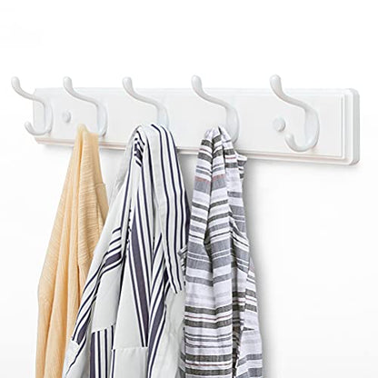 Wooden Coat Rack, Wall-Mounted Organizer for Closet, Entryway, Hallway, Foyer, Bedroom, Heavy Duty Double Hooks for Hanging Towels, Bags, Hats, Jackets, Key (White, 5 Hooks)