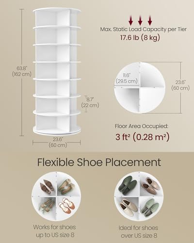 VASAGLE 7-Tier Rotating Shoe Rack Tower, Free Standing 360 Degree Spinning Shoe Organizer, Lazy Susan Bag Display Storage Rack, for Corners, Closets, Small Spaces, White ULBS047WZ01