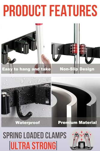 Mop and Broom Holder Wall Mount, Upgraded Broom Hanger Wall Mount, Stainless Steel Broom Organizer for Closet Garage Laundry Room Kitchen Wall Decor(5Racks 4Hooks Black)