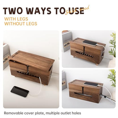 Brown Wood Large Cable Management Box for Power Strip and Cord Hideaway | Large solid wood cable box fits 13" power strips, detachable legs, air vents, child-safe lid, tool-free, hides 6-8 cords.