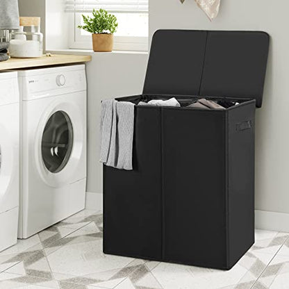 WOWLIVE 154L Double Laundry Hamper 2 Section with Lid and Removable Bags | Divided Laundry Basket, Large Dirty Clothes Hamper with Handle, Collapsible Laundry Storage for Dorm Room, College, Black