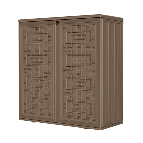 HOMSPARK Indoor/Outdoor Storage Cabinet with Doors and Shelf, 34”x16”x36” HDPE Plastic Storage Box for Patio, Balcony, Multi-Purpose for Tools, Brown