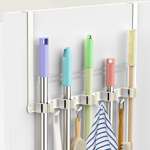 Broom Holder Over The Door with 4 Over Door Hook,... (white | Stainless Steel)