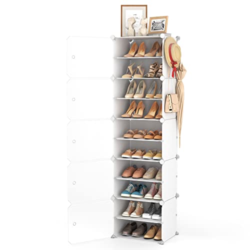 LANTEFUL 10 Tier Shoe Storage Cabinet with Door, Portable Narrow Organizer Rack for 20 Pairs, White Plastic with Hooks for Entryway or Bedroom