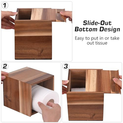 Tissue Box Cover Square, Acacia Wood Tissue Box Holder with Slide-Out Bottom, Wooden Tissue Box Cover Cube for Bathroom, Bedroom, Dinner Table, Office,Kitchen | with Slide-Out Bottom，for Bathroom, Bedroom, Dinner Table,Office,Kitchen