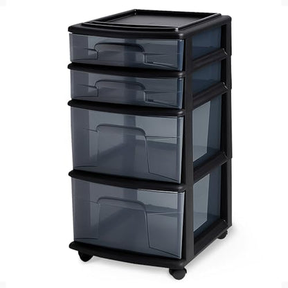 Homz 4 Drawer Plastic Storage and Organizer Cart, Rolling Cabinet for Home, Office, Classroom, Craft, Art Supplies, Black Frame/Tinted Drawers | Plastic Organizer with Clear Bin Drawers for Bedroom, Bathroom, Home Office, and Dorm Rooms