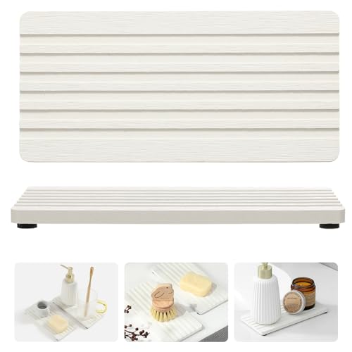 2PCS Diatomite Quick Stone Drying Tray Mat for Bathroom & Kitchen Counter, Instant Dry Water Absorbent Drink Bar Coasters,Vanity Sink Caddy Organizer,Dish Soap Sponge Holder, Ivory,8"x3.8"