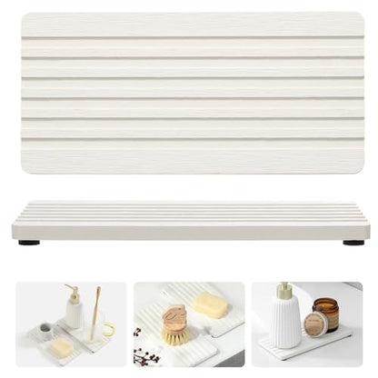 2PCS Diatomite Quick Stone Drying Tray Mat for Bathroom & Kitchen Counter, Instant Dry Water Absorbent Drink Bar Coasters,Vanity Sink Caddy Organizer,Dish Soap Sponge Holder, Ivory,8"x3.8"