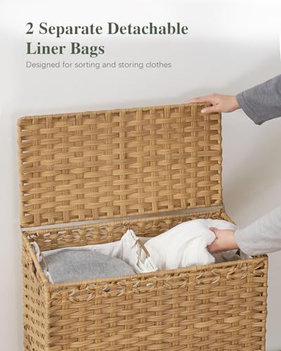 Laundry Hamper with Lid, 112 L Handwoven Rattan Wicker Laundry Basket, 2 Removable Liner Bags Metal Heightened Feet, 6 Mesh Bags, 2 Section Large Clothes Hamper for Bathroom Bedroom, Natural