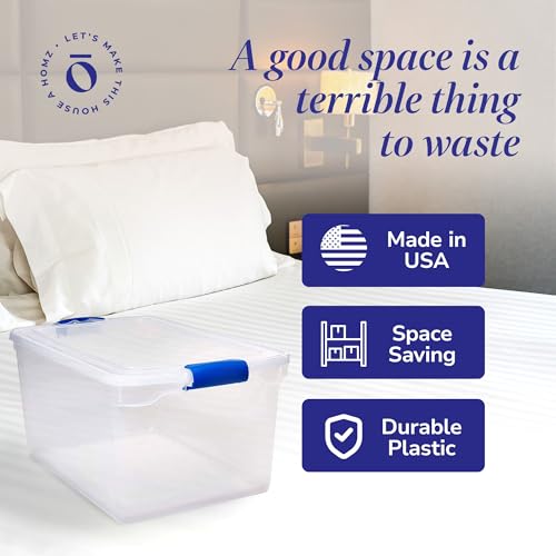 HOMZ Clear Plastic Storage Bins w/Latching Lid, 66 Qt, Blue Latch, 2 Pack | Large Stackable Container Boxes for Homes, Bathrooms, Garages, and Office Organization