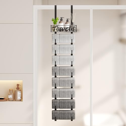 Hanging Towel Racks for Bathroom - 9 Tier Over the Door & Wall Mounted Bath Rolled Towel Storage Organizer Holder for Small Bathroom, RV, Camper, Black (Patented)