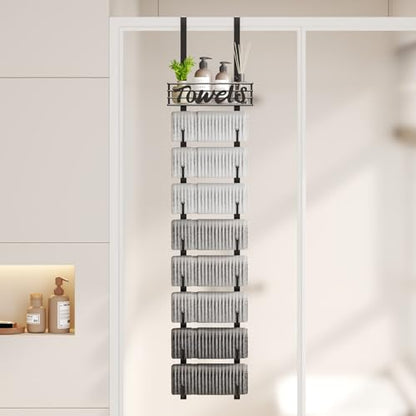 Hanging Towel Racks for Bathroom - 9 Tier Over the Door & Wall Mounted Bath Rolled Towel Storage Organizer Holder for Small Bathroom, RV, Camper, Black (Patented)