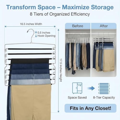USTECH 8 Tier Hangers for Pants (Set of 2) | Multi Tier Swing Hanger with Foam Padding & Removable Arm | Pant Hangers Space Saving | Bottom Hangers | Tiered Pants Hangers