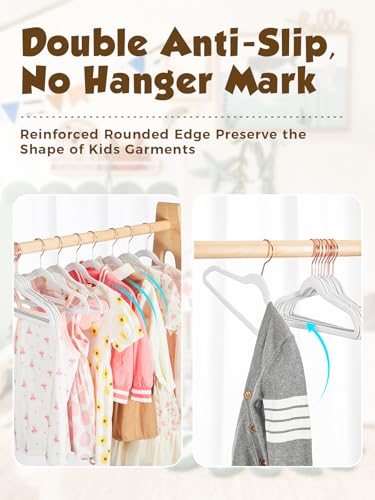 Kids Velvet Hangers 50 Pack, 14 Inch Premium Non Slip Kids Felt Hangers for Closet, Space Saving Toddler Clothes Hanger for Youth's Childrens' Clothes (Rose Gold Hook)- White