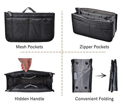Vercord Purse Organizer Insert for Handbags Bag Organizers Inside Tote Pocketbook Women Nurse Nylon 13 Pockets Black Large