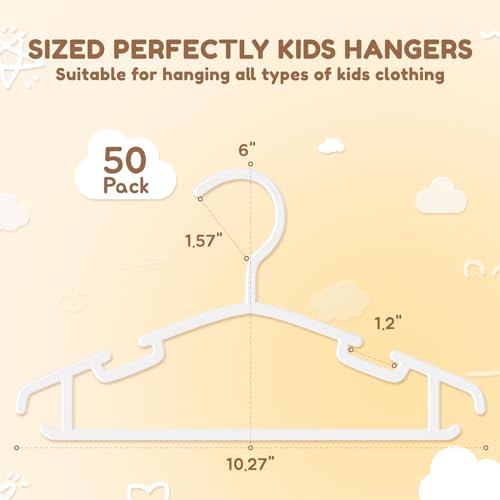 Kids Plastic Hangers, Baby Clothes Hangers for Closet 50 Packs Non-Slip Toddler Hangers for Infant Child Clothing, Small Children, for Pants Coats Skirts (White)