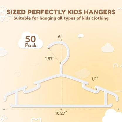 Kids Plastic Hangers, Baby Clothes Hangers for Closet 50 Packs Non-Slip Toddler Hangers for Infant Child Clothing, Small Children, for Pants Coats Skirts (White)