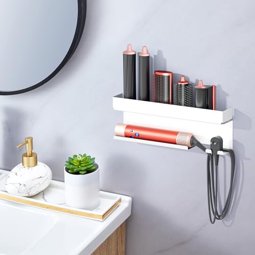 Storage Hair Dryer Holder for Curling Iron Accessories, Hair Tool Organizer Wall Mount, Curling Iron Holder, Bathroom Hair Straightener Holder Stand for Styler Attachments Organizer, White