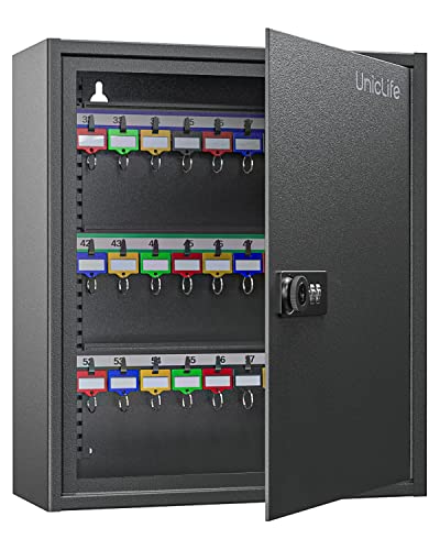 Uniclife 60 Position Steel Key Cabinet with Combination & Key Lock, Black | Wall mount key box, resettable 4-digit code lock, 2 backup keys, thickened steel, large capacity, adjustable racks & labels