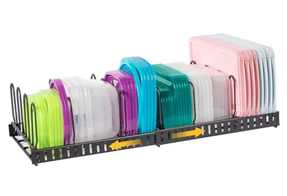 Expandable Food Container Lid Organizer,Large Capacity Adjustable 8 Dividers Detachable Lid Organizer Rack for Cabinets, Cupboards, Pantry Shelves, Drawers Keep Kitchen Tidy,Black 10.2”wide,3.6 Pound.