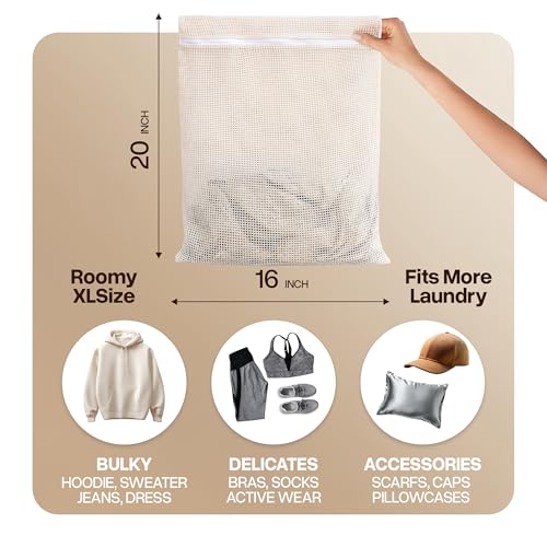 WoollyPals Large Cotton Mesh Laundry Bags (16" x 20") – 2-Pack with Drawstring Storage Pouch – Washer & Dryer Safe, Durable Zipper, Breathable Mesh for Clothes, Delicates, Underwear, Shoes & Lingerie