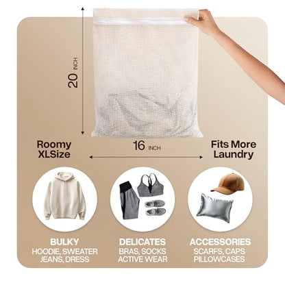 WoollyPals Large Cotton Mesh Laundry Bags (16" x 20") – 2-Pack with Drawstring Storage Pouch – Washer & Dryer Safe, Durable Zipper, Breathable Mesh for Clothes, Delicates, Underwear, Shoes & Lingerie