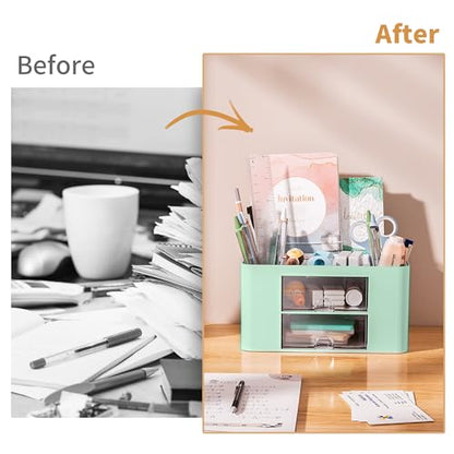 Marbrasse Pen Organizer with 2 Drawer, Multi-Functional Pencil Holder for Desk, Desk Organizers and Accessories with 5 Compartments + Drawer for Office Art Supplies (Green)