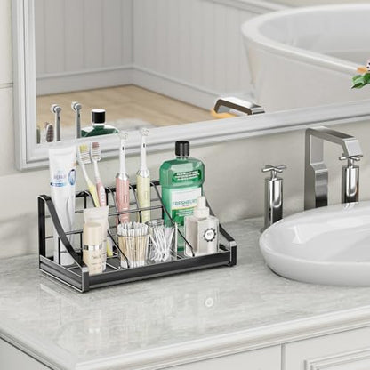 Toothbrush Holder for Bathroom Countertop - 7 Slots 1 Min Drying Organizer | Fit Electric & Manual Toothbrushes Large Capacity Rustproof Toothpaste Storage Non-Slip Bathroom Counter Accessories Black