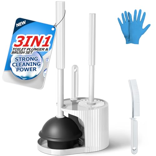 FORASTO 3IN1 Toilet Brush and Plunger Set with Holder Compact Cleaning Kit | White, long grip, suction cup, firm bristles, crevice cleaner, bathroom essentials for apartment, daily supplies