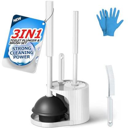 FORASTO 3IN1 Toilet Brush and Plunger Set with Holder Compact Cleaning Kit | White, long grip, suction cup, firm bristles, crevice cleaner, bathroom essentials for apartment, daily supplies