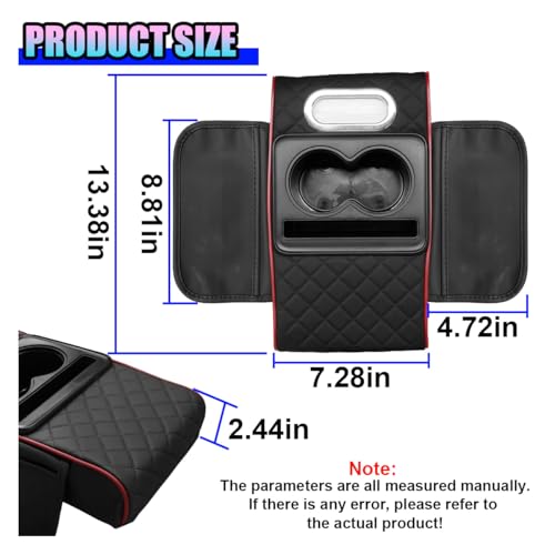 Leather Car Center Console Cover, Armrest Booster Cushion,BlackRed | Universal Vehicle Middle Console Organizer with 2 Cup Holders, Side Storage Bag, Tissue Box & Phone Slot, 13.38"×7.28"×2.44"