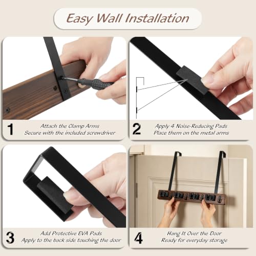 OUTNILI Over the Door Broom and Mop Holder, Wood Broom Organizer with 4 Slots and 4 Hooks, No Drilling Door Mount Tool Rack for Laundry Room, Garage, Closet, Kitchen, Rustic Cleaning Tool Storage