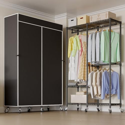 Higeego H9 Garment Rack with Cover, Heavy Duty Clothing Rack for Hanging Clothes, Portable Closet with wheels, Wardrobe Closet with Adjustable Shelves, Black Rack Shelf with Black Fabric Cover