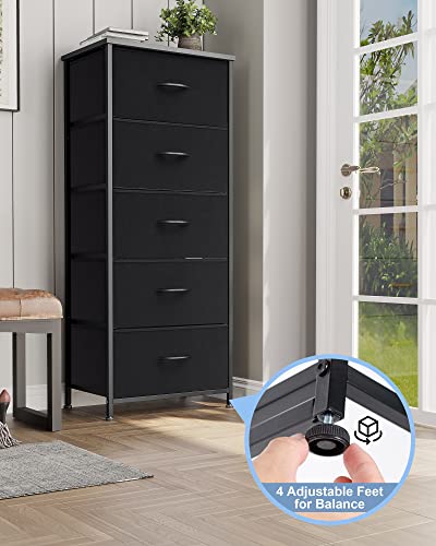 Tall Dresser Vertical Fabric Storage Tower Organizer, 5 Drawers(Black) | Sturdy Steel Frame, Wood Top and Easy Pull Handle, Space-saving Organizer for Clothes, Bedroom, Hallway, Entryway, Closets