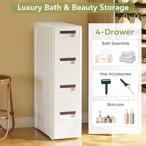 4 Drawers Narrow Bathroom Storage Cabinet, Slim Storage Cabinet, Plastic Slim Storage Cart Drawers for Small Spaces, Laundry, Office, Home, White