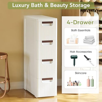 4 Drawers Narrow Bathroom Storage Cabinet, Slim Storage Cabinet, Plastic Slim Storage Cart Drawers for Small Spaces, Laundry, Office, Home, White