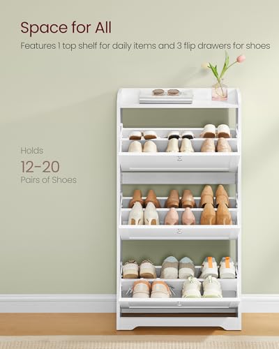VASAGLE Shoe Organizer, Adjustable Dividers, Cloud White | Adjustable and Removable Dividers, Shoe Cabinet, 3 Flip Drawers, Holds 12-20 Pairs, Entryway, 9.4 x 23.6 x 47.7 Inches