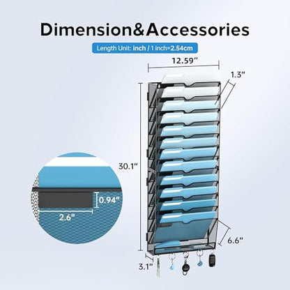13-Tier Wall File Organizer, Wall File Holder with... (Black | Metal)
