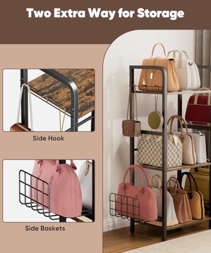 3-Tier Purse Organizer Rack, Iron & Wood Floor-Standing Bag Storage Holder with Adjustable Side Basket and Hook Handbag Organizers Display Stand Shelf for Closet, Bedroom, Entryway, Black