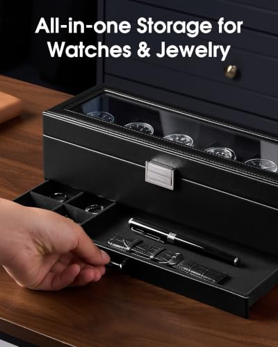 Lolalet 6-Slot Watch Case for Men, Mens Jewelry Box with Glass Lid -Black | Watch & Jewelry Box with Drawer, Easy-Clean PU Leather, Soft Removable Pillow, Home Organizer&Display, Dust-Proof, Men's Gift