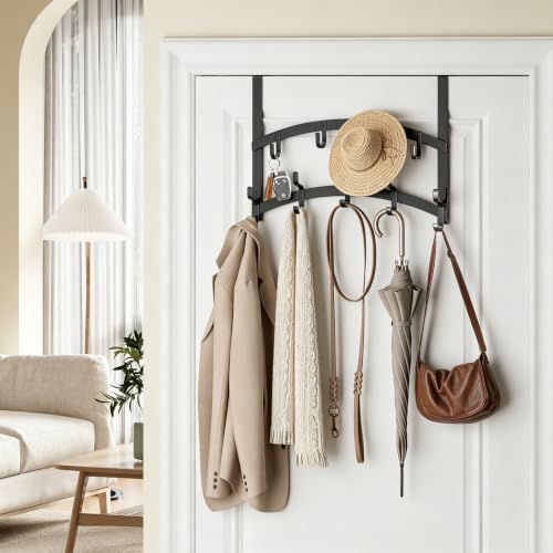 Over the Door Hooks Organizer - 2 Tier Door Hanger with 14 Hook Heavy Duty Stainless Steel for Towels, Coats, Jackets & Bags, Towel Rack for Bathroom Bedroom, Fits Up to 1.77" Doors, Black