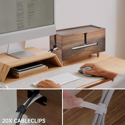 Brown Wood Large Cable Management Box for Power Strip and Cord Hideaway | Large solid wood cable box fits 13" power strips, detachable legs, air vents, child-safe lid, tool-free, hides 6-8 cords.