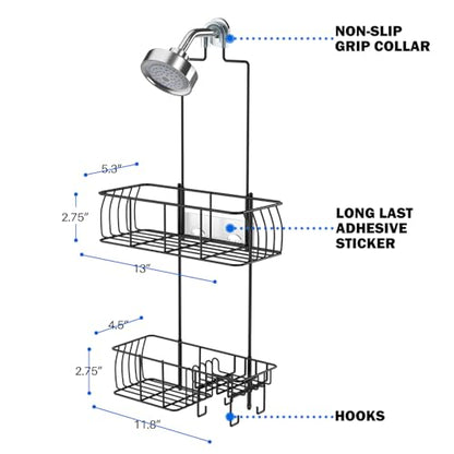 Epicano Shower Caddy Hanging,Large Capacity Shower Organizer,Black | Rustproof,Built-in Soap Dish & 4 Hooks for Loofahs,Suction & Adhesive Install,No Drilling Bathroom Shelves for Inside Shower