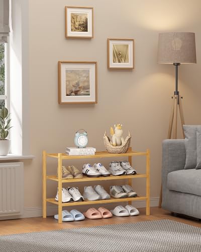 Kitsure Bamboo Wooden Shoe Rack for Closet, 26.8" Wide - 3 Tiers, Natural | Stackable Shoe Organizer with Modular Structure, Space-Saving Shoe Shelf for Entryway, Living Room, Zapateras Organizer